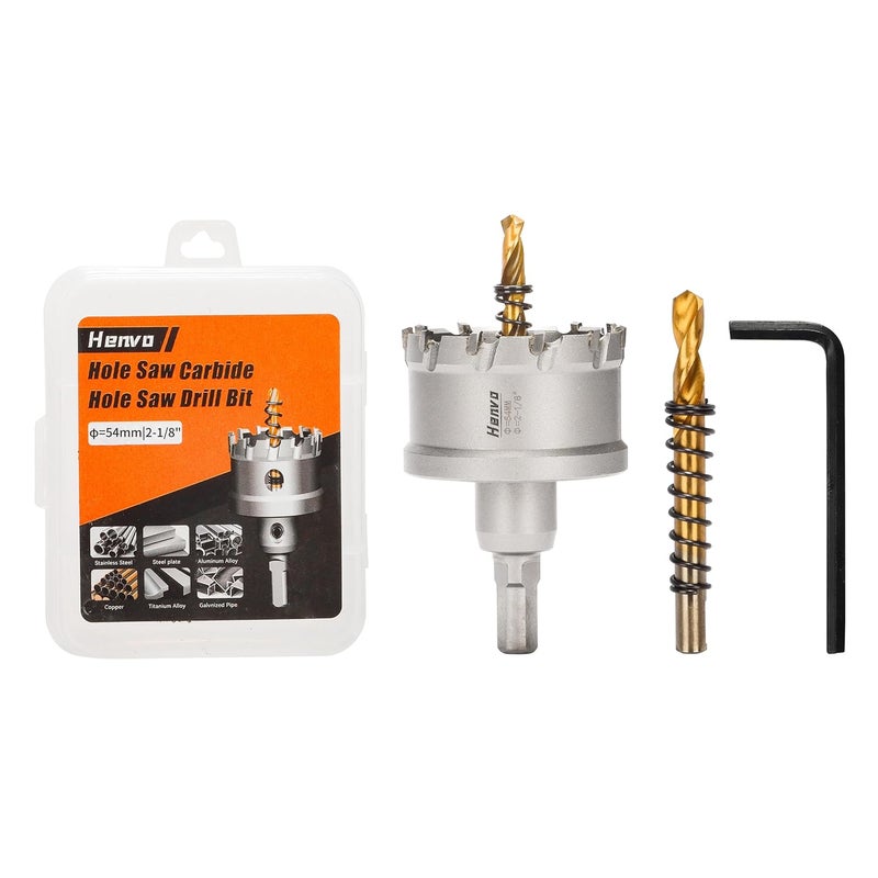Henvo Hole Saw 2-1/8" (54mm) Heavy Duty Carbide with 2 Pilot Drill Bits - Metal Hole Cutter Cuts Stainless Steel, Iron, Copper, Brass, Plastic - Image 1